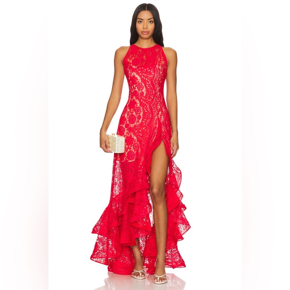Bronx and Banco Red Lace High-Low Maxi Dress